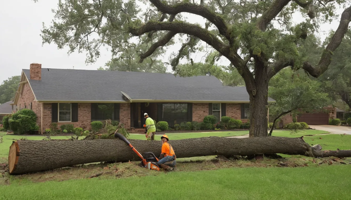 A local tree removal provider assessing a fallen tree near a home in Austin