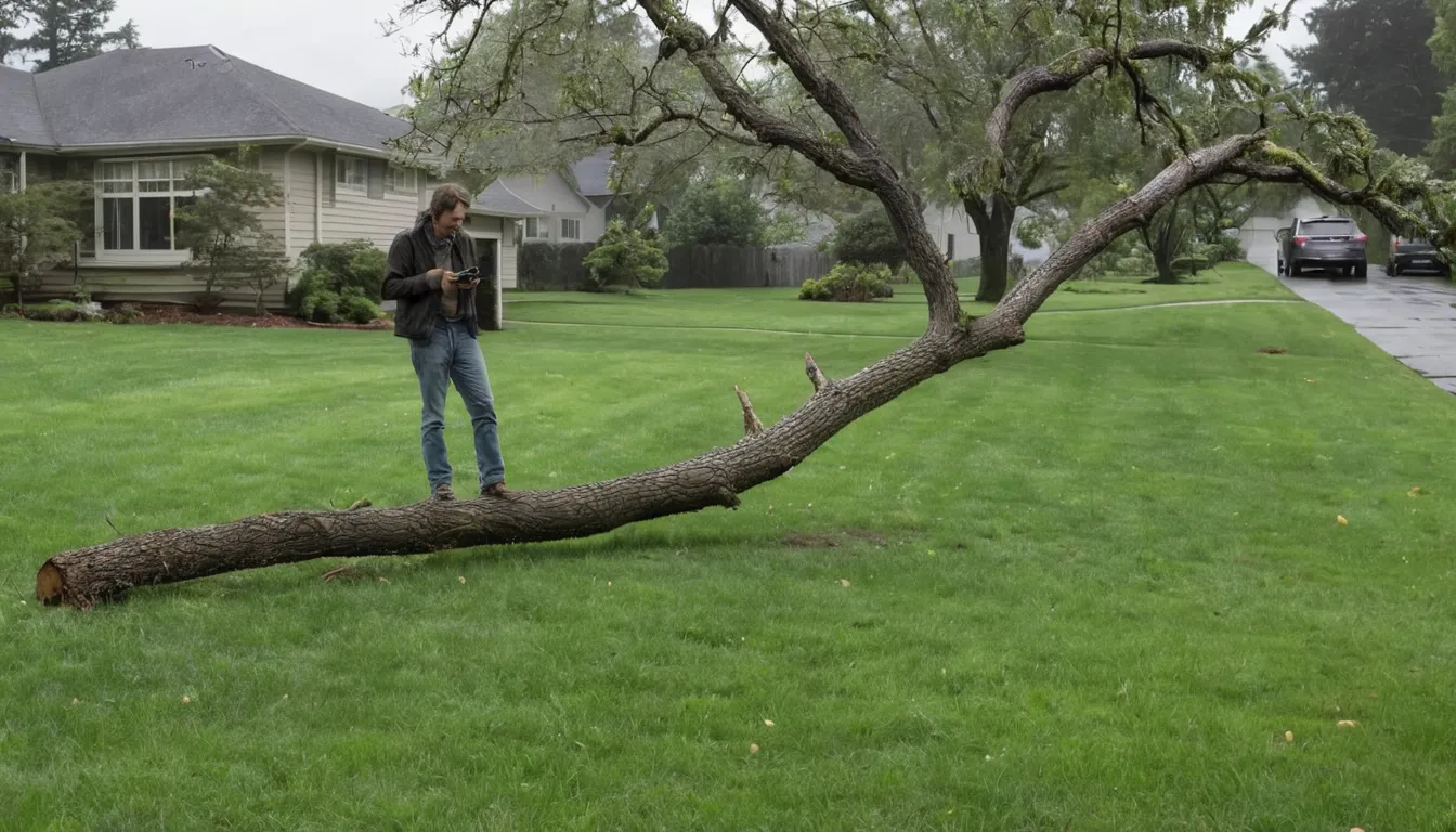 A homeowner taking photos of a storm-damaged tree in the Austin area